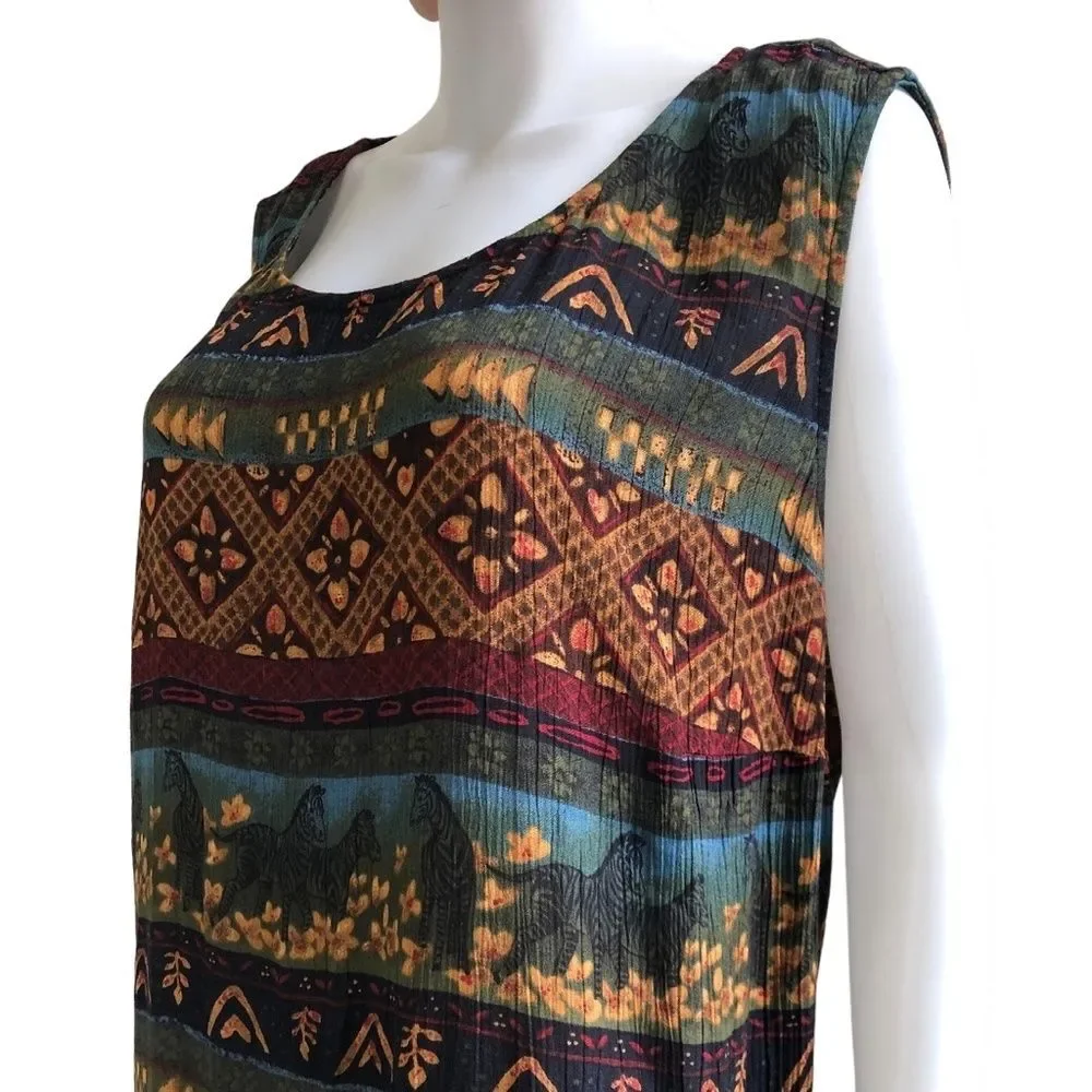 Vintage Size 12 Tribal Zebra Print Maxi Dress 90s Rayon Sleeveless